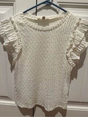 White Ruffled Sleeve Textured Knit Top